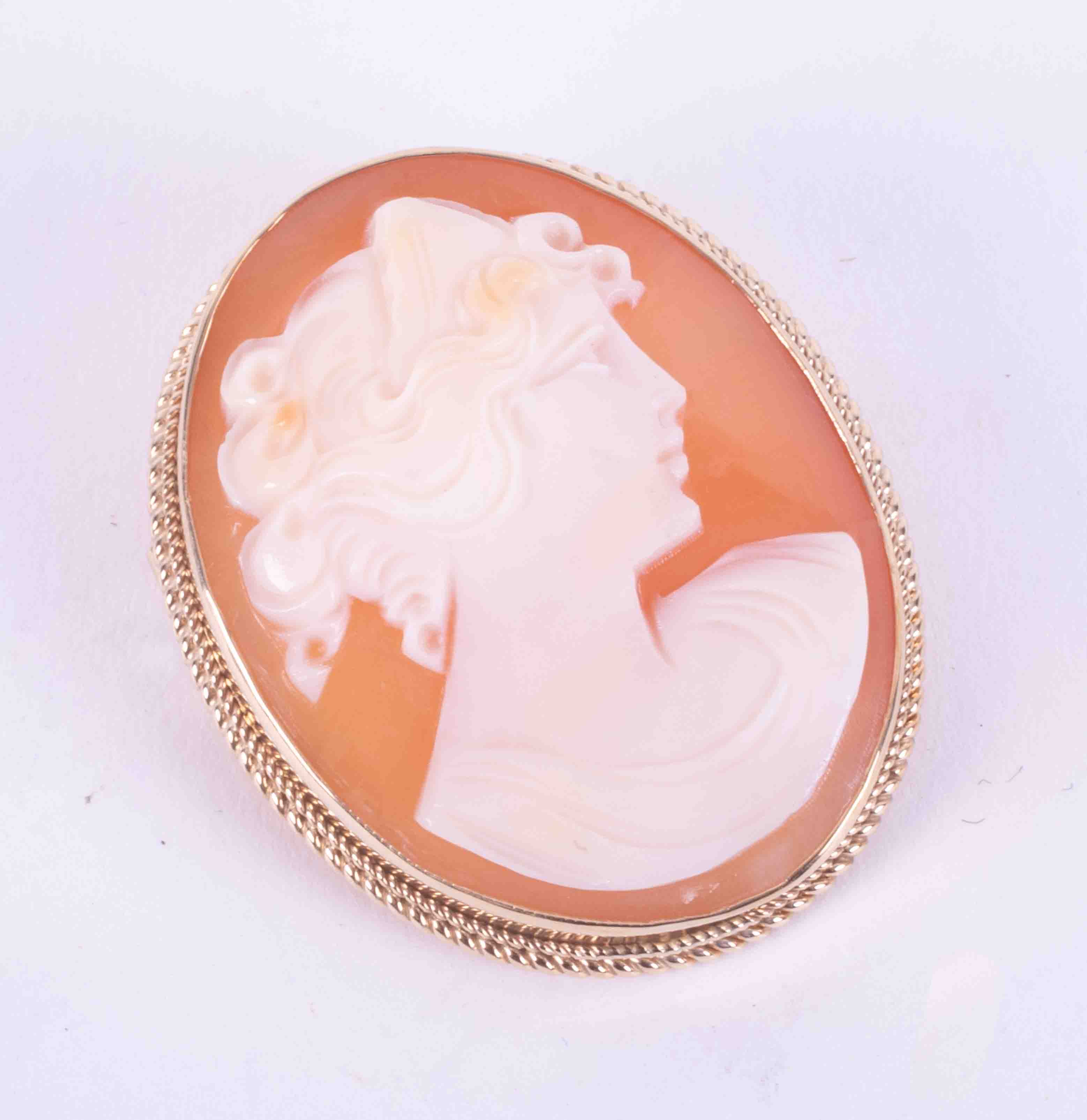 A 9ct gold cameo brooch set with double twist wire decoration.