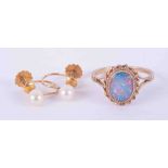 A 9ct gold and opal set ring, together with a pair of pearl 9ct gold earrings, each cased.
