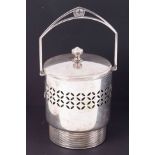 WMF, a silver plated biscuit barrel with green glass liner, swing handle and lid, height to finial