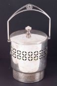 WMF, a silver plated biscuit barrel with green glass liner, swing handle and lid, height to finial