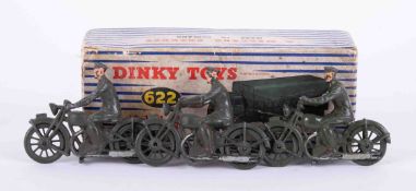 Three green painted lead motorcyclists with a Dinky Toys 10-Ton Army Truck 622 empty box.