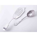 Silver plated decorative berry spoon with twisted handle together with silver plated fish server