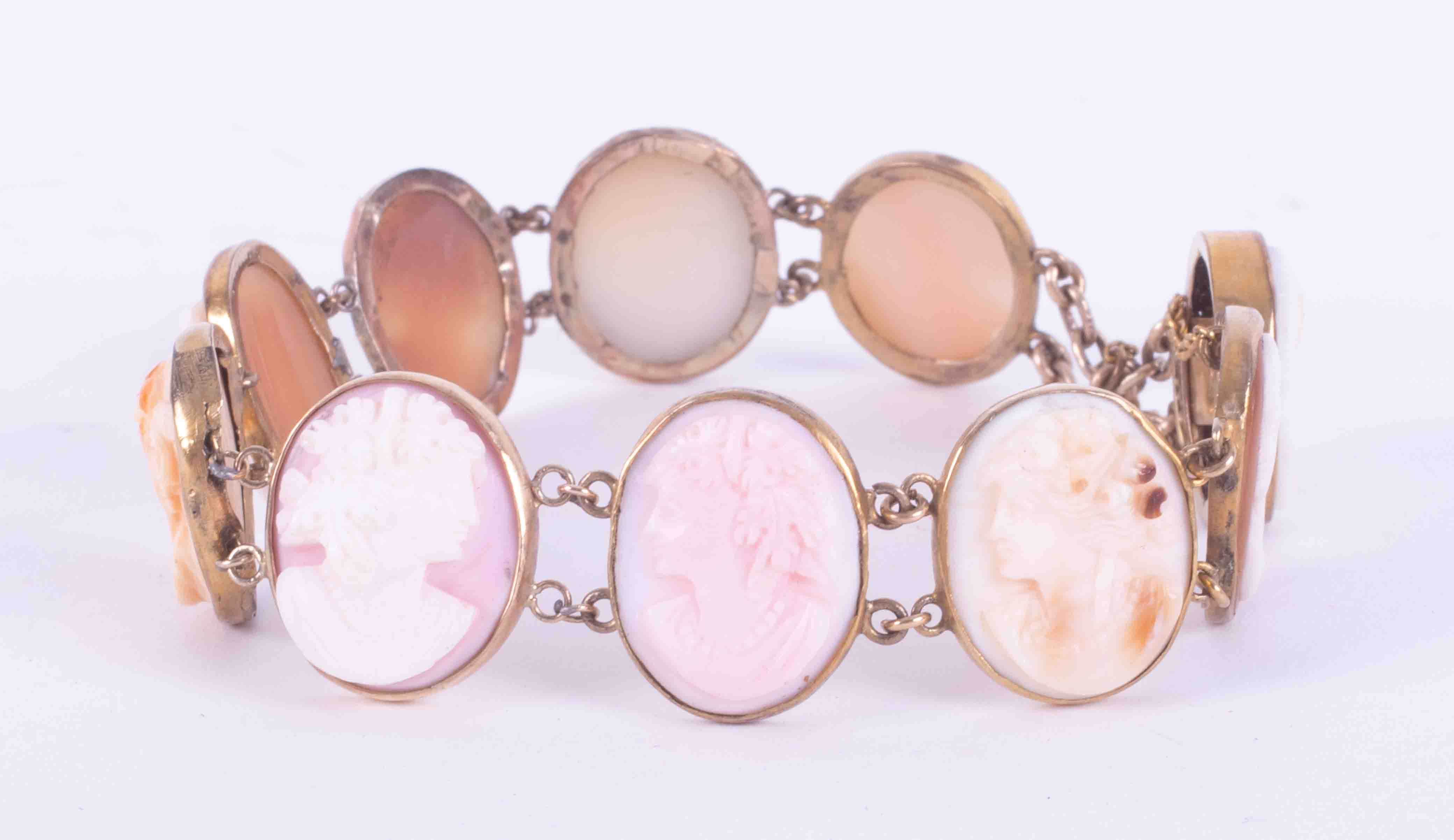 A yellow gold antique cameo bracelet set with ten cameo's, length 18cm, approx 19.80gms.