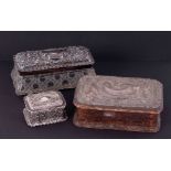 Three Antique silver trinket boxes including glass and wooden base (3).