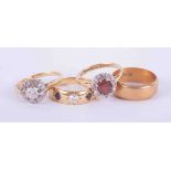 Four 18ct yellow gold diamond & other gem set rings, total weight 16gm.