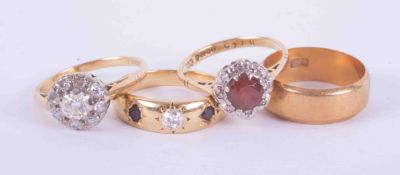 Four 18ct yellow gold diamond & other gem set rings, total weight 16gm.