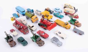 A mixed collection of play worn models including Corgi Bedford Coach, Dinky Supertoys Leyland Comet,