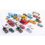 A mixed collection of play worn models including Corgi Bedford Coach, Dinky Supertoys Leyland Comet,