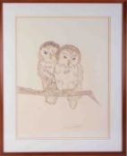 A print 'Owls On A Branch' indistinctly signed, 60cm x 45cm, framed and glazed.