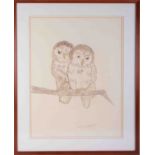A print 'Owls On A Branch' indistinctly signed, 60cm x 45cm, framed and glazed.