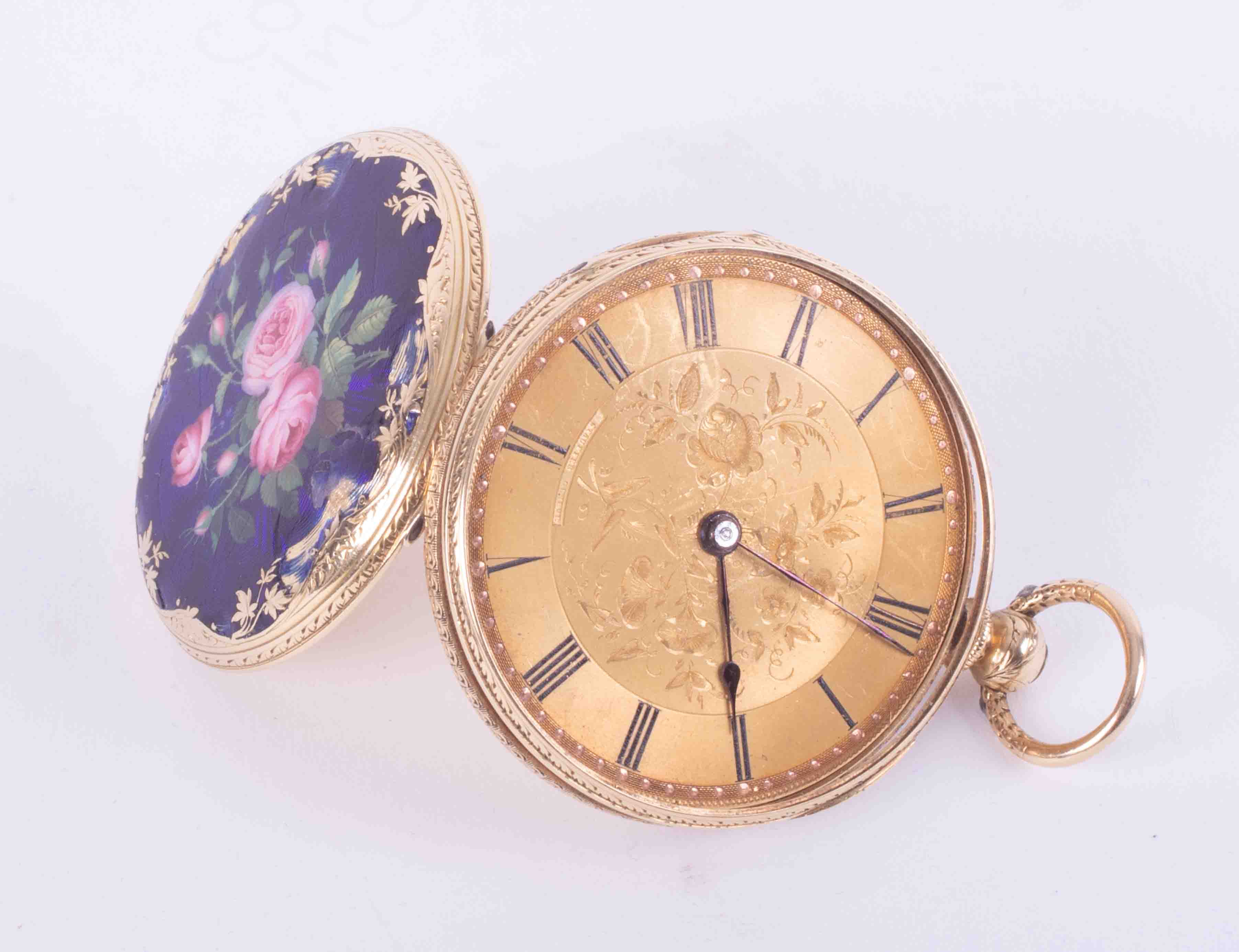 A antique gold fob watch, Geneva, stamped 'Shauffer', marked 18k with key wind movement and