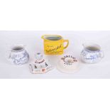 Schweppes, a yellow ground pub jug, two blue & white James Green jugs, a match striker ashtray