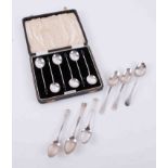 A set of six silver coffee spoons in presentation box together with six other loose silver tea