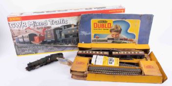 Hornby, GWR mixed traffic train set together with Hornby Dublo part electric train set with a box