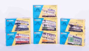 Seven Corgi Classics Tram sets including Leicester, London, Glasgow etc, boxed.