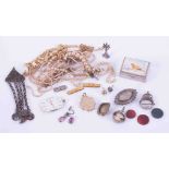 A mixed bag of silver and gold plated items including pearls, gold locket, Longines watch dial etc.