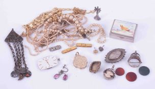 A mixed bag of silver and gold plated items including pearls, gold locket, Longines watch dial etc.