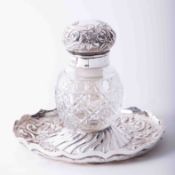 Antique solid silver cut glass crystal ink stand with hinged domed embossed lid, cut glass body,
