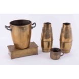 Brass WMF, a pair of hammered vases, an ice bucket and cigarette box (4).