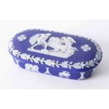 Wedgwood dark blue Jasperware lidded trinket box in very good condition stamped, Wedgwood England to
