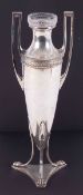 WMF, a silver plated trophy vase with glass liner on three paw feet, 32cm.
