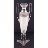 WMF, a silver plated trophy vase with glass liner on three paw feet, 32cm.