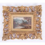 A miniature painting, watercolour of a river landscape in Florentine style giltwood frame, overall