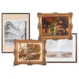 A collection of various decorative pictures and prints including Brian Hayes, Johne Makin, small pub