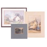 E.N.Morgan, watercolour, cottages, 28cm x 40cm, together with two Continental unframed Breton?