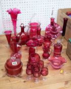 A collection of Victorian and later cranberry glassware's including decanter, six small glasses, '