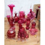 A collection of Victorian and later cranberry glassware's including decanter, six small glasses, '