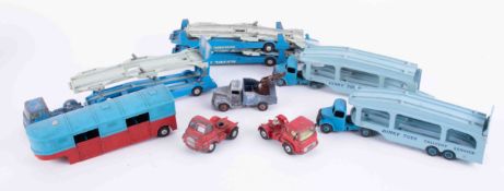 A mixed collection of play worn models including Dinky Pullmore Car Transporter, Dinky Toys