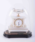 A late Victorian alabaster and gilt clock under glass dome and stand, overall height 38cm.