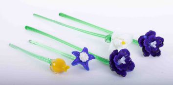 Three large glass flowers together with two smaller flowers (5), tallest 50cm, smallest 30cm.