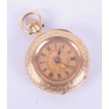 Antique 18k gold fob watch, the backplate marked D.F & C, keyless movement, gilt dial with black