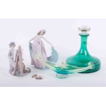 Lladro, artist (palette broken), another Lladro figure and an art glass decanter and glass boat (