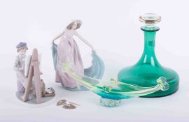 Lladro, artist (palette broken), another Lladro figure and an art glass decanter and glass boat (