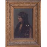 Pre-Raphaelite type oil on canvas Portrait Painting in gilt frame, overall size 44cm x 33cm. The