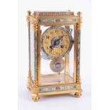 Japy Freres, a champleve enamelled four glass mantle clock with enamelled pendulum, eight day