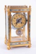 Japy Freres, a champleve enamelled four glass mantle clock with enamelled pendulum, eight day