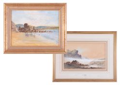 J. Martin, small beach scene, oil on board, 14cm x 19cm together with A. Clarence, coastal gouache
