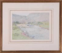 A watercolour of a River scene, unsigned, 26cm x 36cm, framed and glazed, with printed paper label