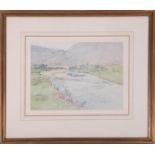 A watercolour of a River scene, unsigned, 26cm x 36cm, framed and glazed, with printed paper label