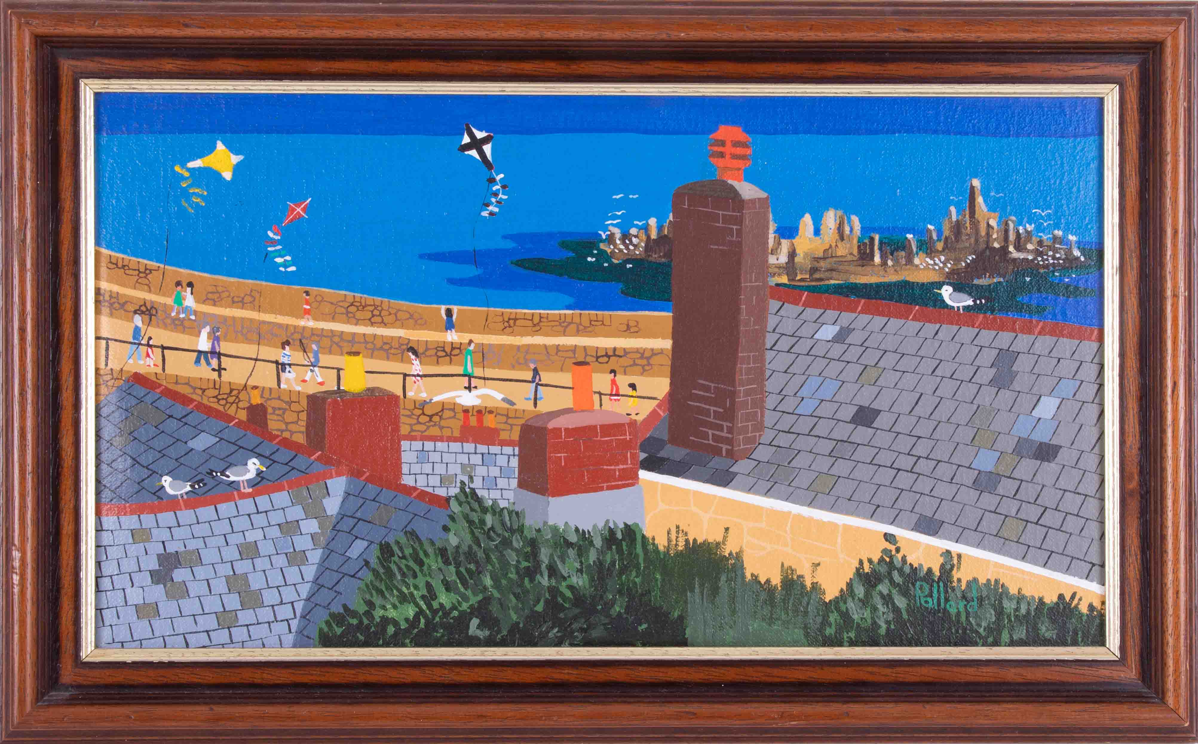 Brian Pollard (Association of British Naïve Artists), oil on canvas 'Flying High' view of Mousehole,