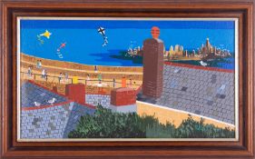 Brian Pollard (Association of British Naïve Artists), oil on canvas 'Flying High' view of Mousehole,