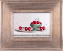 Johan de Fre (b.1952) 'Cherries in a Jade bowl' signed oil on board, 19cm x 28cm, framed.