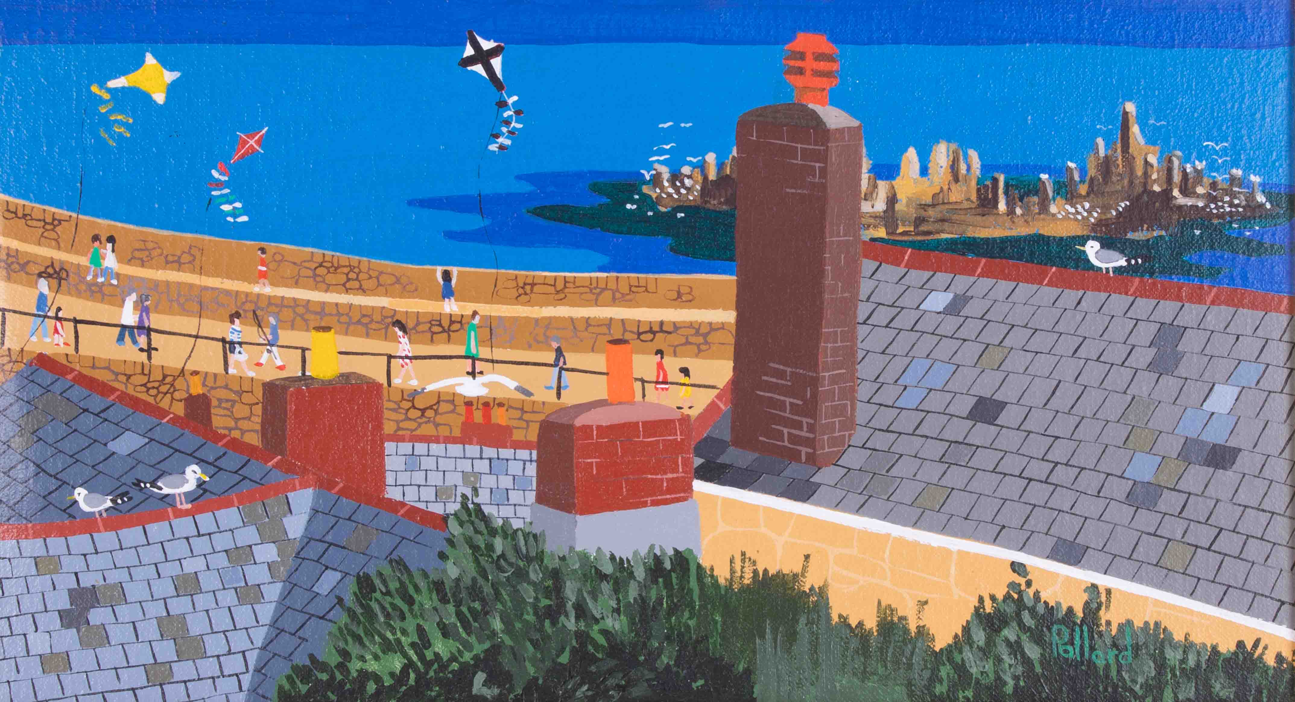 Brian Pollard (Association of British Naïve Artists), oil on canvas 'Flying High' view of Mousehole, - Image 2 of 2