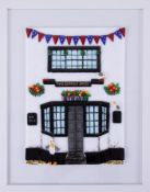 Lou from Lou C fused glass, original glass work, titled 'The Queens Arms', signed, 30cm x 21cm,