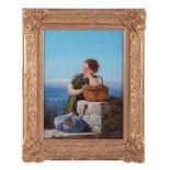 Unsigned, oil on board, 'Country girl with basket leaning on a wall', 29cm x 20cm, in a gilt frame