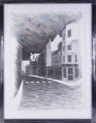 Mike Hanny (Plymouth artist) drawing Ebrington Street, Plymouth, 75cm x 55cm, framed and glazed.